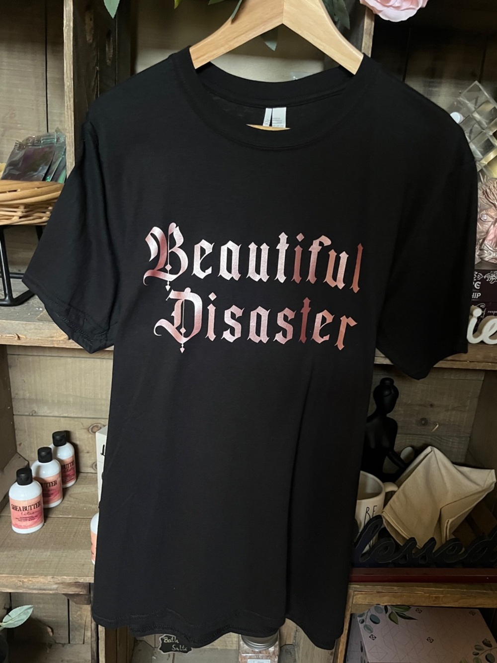 Beautiful Disaster Graphic Tee - Black with Rose Gold Lettering